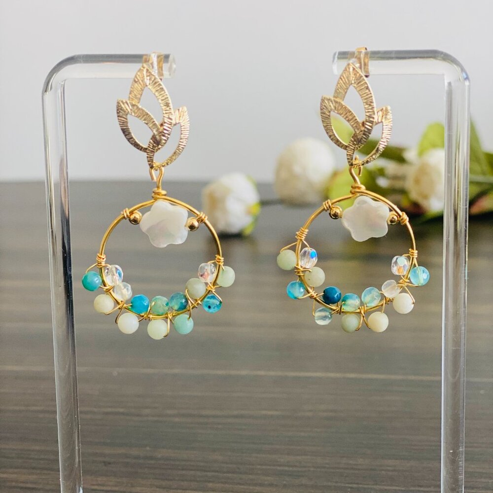 Elegant Handmade Teardrop Blue Earrings -Mother of pearl earrings